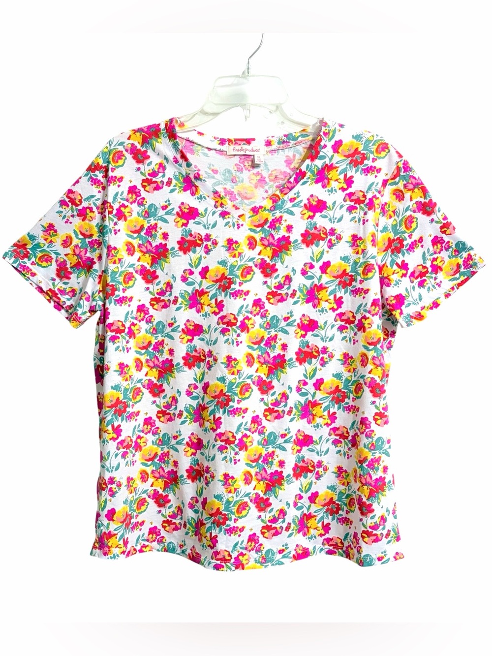 Fresh Produce Bright Floral V Neck Tee Shirt XL Stretch Comfy Soft Resortwear
